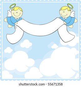 cute baby angels with ribbon banner