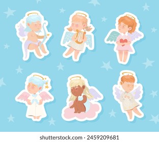 Cute Baby Angels with Wings and Halo Vector Set