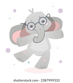 Cute baby animal. Adorable elephant in glasses. Smiling inhabitant of wild savannah or jungle. Design element for nursery room decoration. Cartoon flat vector illustration isolated on white background