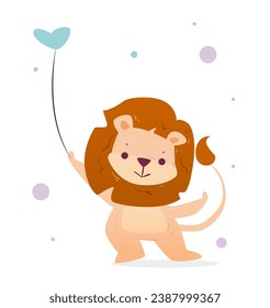 Cute baby animal. Adorable lion with air balloon. King of beast. Smiling jungle or savannah inhabitant. Design element for invitation. Cartoon flat vector illustration isolated on white background