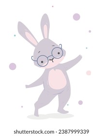 Cute baby animal. Adorable rabbit in glasses. Wild life and woodland. Smart fluffy character forest inhabitant. Hare or bunny. Cartoon flat vector illustration isolated on white background