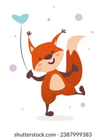 Cute baby animal. Adorable squirrel with blue heart shape balloon. Greeting and invitation postcard design. Birthday party. Cartoon flat vector illustration isolated on white background