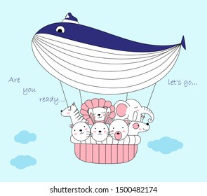 The cute baby animal with balloon air. Hand drawn cartoon style
