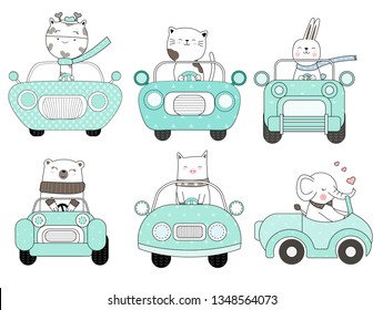 Cute Baby Animal With Car Cartoon Hand Drawn Style,for Printing,