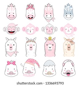 Cute baby animal cartoon character set illustration