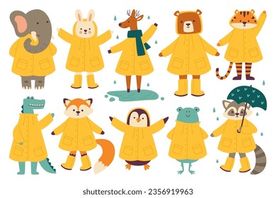 Un personaje de dibujos animados de un animal bebé con impermeable y paraguas disfrutando de los días lluviosos del otoño. elefante gracioso, conejito, ciervo, oso, tigre, caimán, zorro, rana, mapache, ilustración de vector pingüino