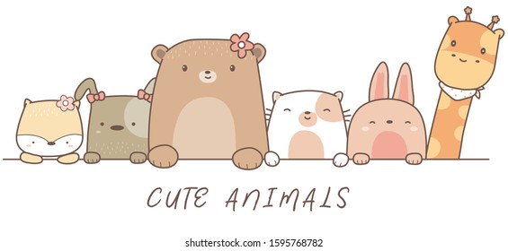 Cute Baby Animal Cartoon Hand Drawn Style,for Printing,card, T Shirt,banner,product.vector Illustration 