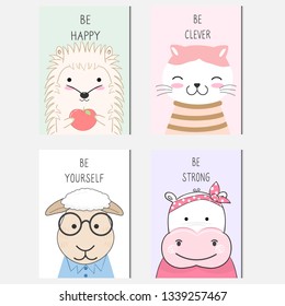 Cute baby animal cartoon and text card set illustration