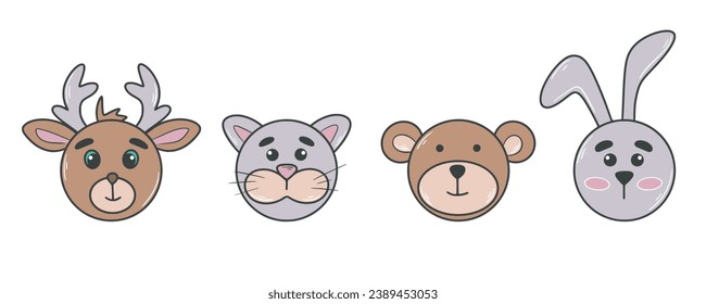 Cute baby animal characters clip art. Bunny, cat, bear and fawn cartoon style. Funny animal muzzles, isolated vector illustration