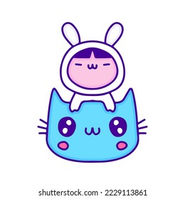 Cute baby in animal costume with cat doodle art, illustration for t-shirt, sticker, or apparel merchandise. With modern pop and kawaii style.