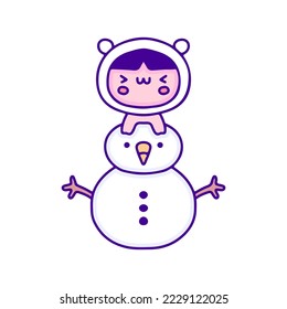 Cute baby in animal costume with snowman doodle art, illustration for t-shirt, sticker, or apparel merchandise. With modern pop and kawaii style.