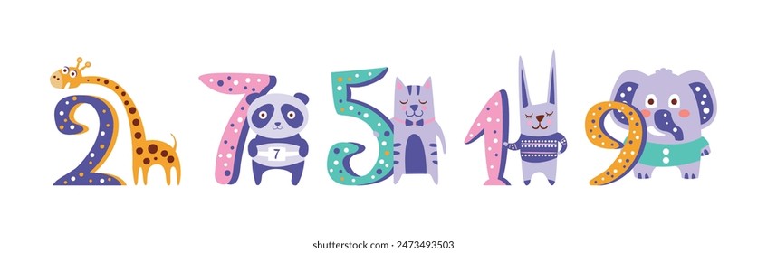 Cute Baby Animal and Educational Number Figure Vector Set