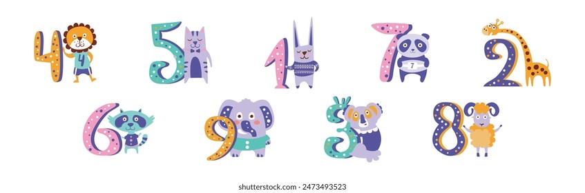 Cute Baby Animal and Educational Number Figure Vector Set