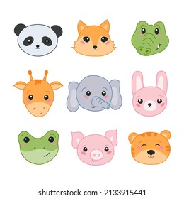 Cute baby animal with face cartoon. Vector illustration in hand-drawn style.