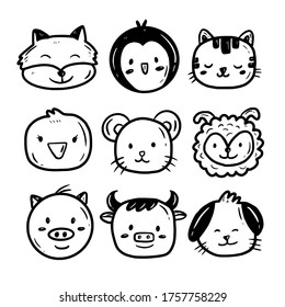 Cute baby animal face icon drawing doodle vector in white isolated background