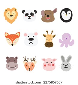 Cute Baby Animal Face Illustration. Exotic and cute animal face. Set of animal heads collection. Characters portrait cute animal faces on white background.