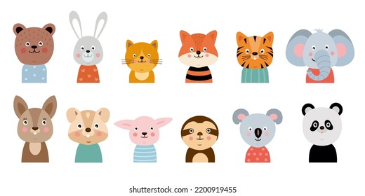 Cute baby animal face, kid zoo and wildlife, characters. Elephant, cat and koala heads, nursery wall art, birthday friend posters, child cards. Vector cartoon flat illustration set