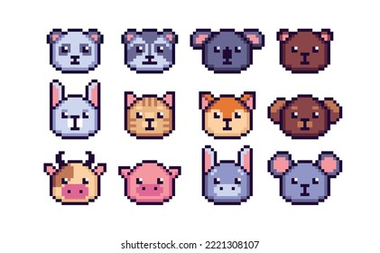 Cute baby animal face pixel art set. Kids fauna collection. Farm, forest and tropical species avatar. 8 bit sprite. Game development, mobile app.  Isolated vector illustration.