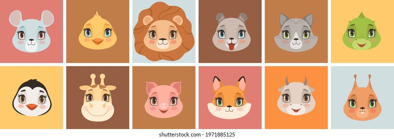 Cute baby animal faces. Animals emoticons, funny lion giraffe cat red fox. Cartoon childish stickers vector set