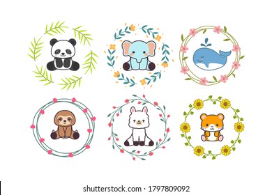 Cute baby animal with floral wreath or flower border cartoon hand drawn style
