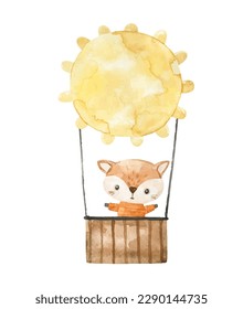 Cute baby animal flying in a hot air balloon. Cartoon vector illustration. Nursery design and print