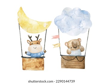 Cute baby animal flying in a hot air balloon. Cartoon vector illustration. Nursery design and print