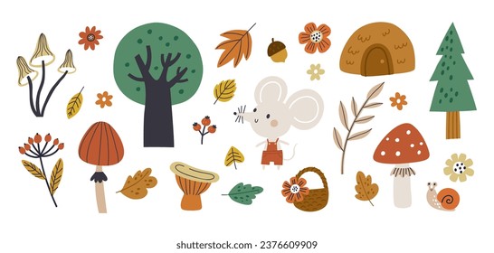 Cute baby animal and forest elements collection. Mouse character. Hand drawn vector illustration set woodland, trees, flowers, berry, mushrooms isolated