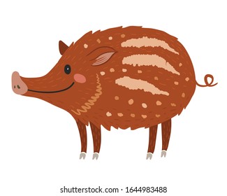 Cute baby animal forest piglet. Aper, boar, hog, wild boar. Cartoon character for little children. Kids vector print for shirts, stickers, card, book illustration. Nursery decor.