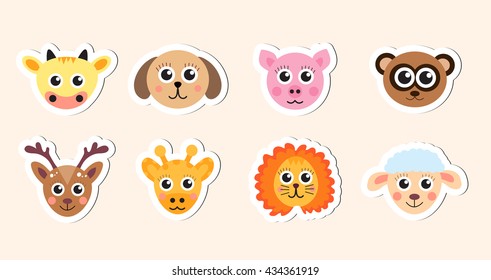 cute baby animal head stickers vector illustration
