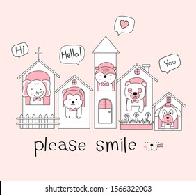 The cute baby animal in house. Cartoon sketch animal style