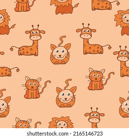 cute baby animal icon. seamless pattern with animal on orange background. hand drawn vector. lion, giraffe, cat and kitten illustration. doodle art for wallpaper, fabric, textile, wrapping paper. 