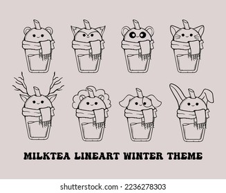 Cute Baby Animal Milktea Lineart in Winter Theme with Scarf Vector Illustration