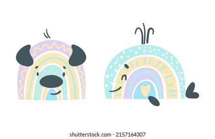 Cute baby animal portraits. Adorable animal faces of dog and whale cartoon vector illustration