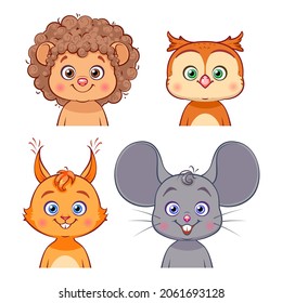 Cute baby animal portraits: hedgehog, owl, squirrel, mouse. Vector illustration. Collection of smiling cartoon characters isolated on white background.