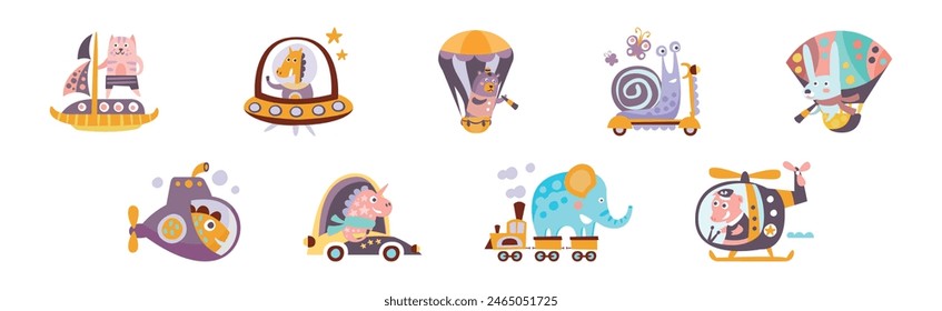 Cute Baby Animal Ride Transport Enjoy Journey Vector Set