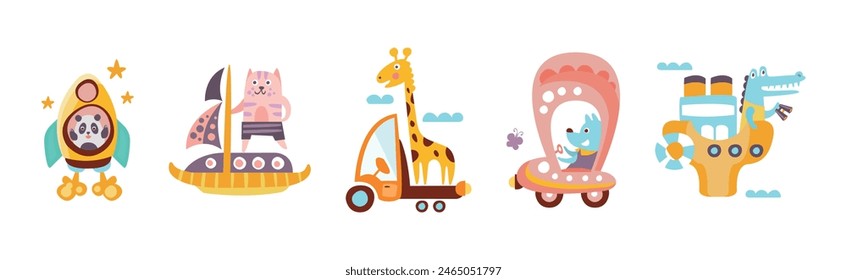 Cute Baby Animal Ride Transport Enjoy Journey Vector Set