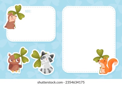 Cute Baby Animal with Three Leaf Clover Empty Reminder Card Vector Template