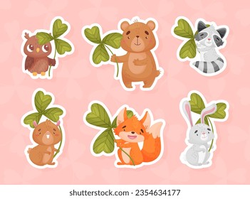 Cute Baby Animal with Three Leaf Clover Vector Sticker Set