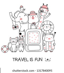 Cute baby animal with travel cartoon hand drawn style,for printing, t shirt, banner