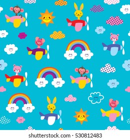 cute baby animals in airplanes kids seamless pattern