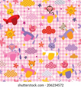 cute baby animals in airplanes seamless kids pattern