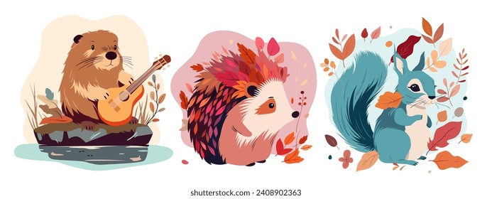 Cute baby animals in autumn nature set vector illustration. Cartoon isolated funny portraits of beaver playing music on guitar, squirrel and hedgehog among autumn dry tree branches with brown leaves