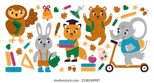 Animales lindos del bebé y personajes de los pájaros que llevan las mochilas que van a la escuela y diverso sistema de la papelería de la educación. Divertidos y alegres estudiantes de primaria de los bosques y la Ilustración vectorial de los suministros de estudio