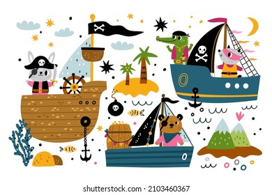 Cute Baby Animals Boats. Kids Sea And Ocean Transport With Funny Cartoon Characters. Nautical Pirates With Skulls And Sabers. Sailing Ship And Corsair Capitals. Vector