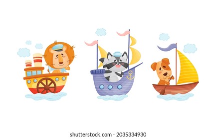 Cute baby animals captains set. Funny lion, raccoon, dog sailors characters floating on ships cartoon vector illustration