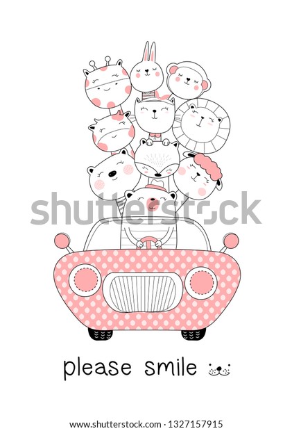 Cute baby\
animals with car cartoon hand drawn style,for printing,card, t\
shirt,banner,product.vector\
illustration
