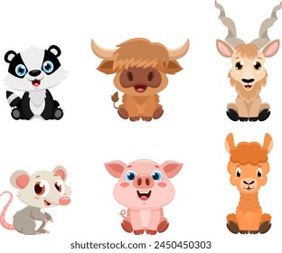 Cute Baby Animals Cartoon Characters. Vector Flat Design Collection Set Isolated On Transparent Background