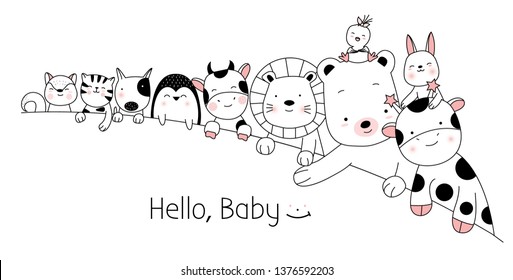 Cute Baby Animals Cartoon Hand Drawn Style,for Printing,card, T Shirt,banner,product.vector Illustration 