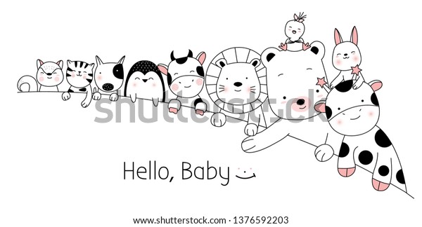 Cute Baby Animals Cartoon Hand Drawn Stock Vector Royalty Free