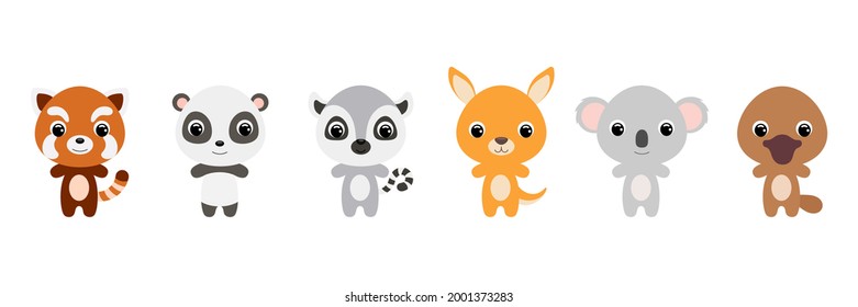 Cute baby animals in cartoon style. Collection animals characters for kids cards, baby shower, birthday invitation, house interior. Bright colored childish vector illustration.